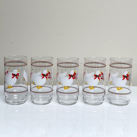 Vintage Glass CHRISTMAS GOOSE 16 Oz. Tumblers-Set of 5 Country Geese Drinkware - Picture 1 of 5